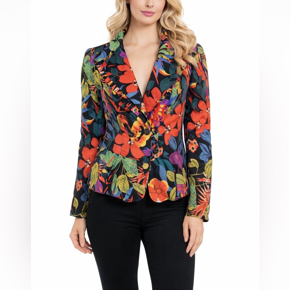 Vintage floral print padded Jacket, ruffle hem, Button accentuate